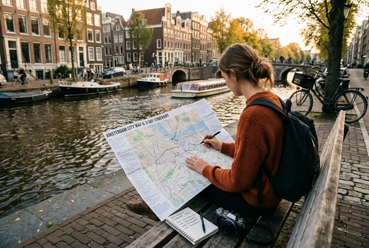 Viaggiatore con una mappa di carta che pianifica amsterdam 3 giorni city card lungo i canali all'ora d'oro