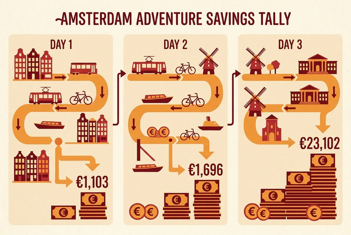 Infografica con il conto del risparmio giorno per giorno lungo un itinerario amsterdam 3 giorni city card, solo etichette generiche e totali in euro, nessun prezzo reale della card