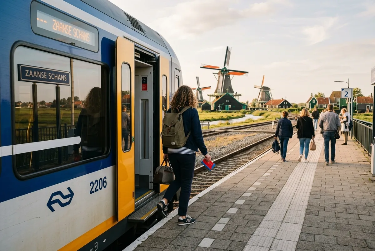 Traveler stepping off a regional train at Zaanse Schans with windmills visible, using the amsterdam region travel ticket for a day trip