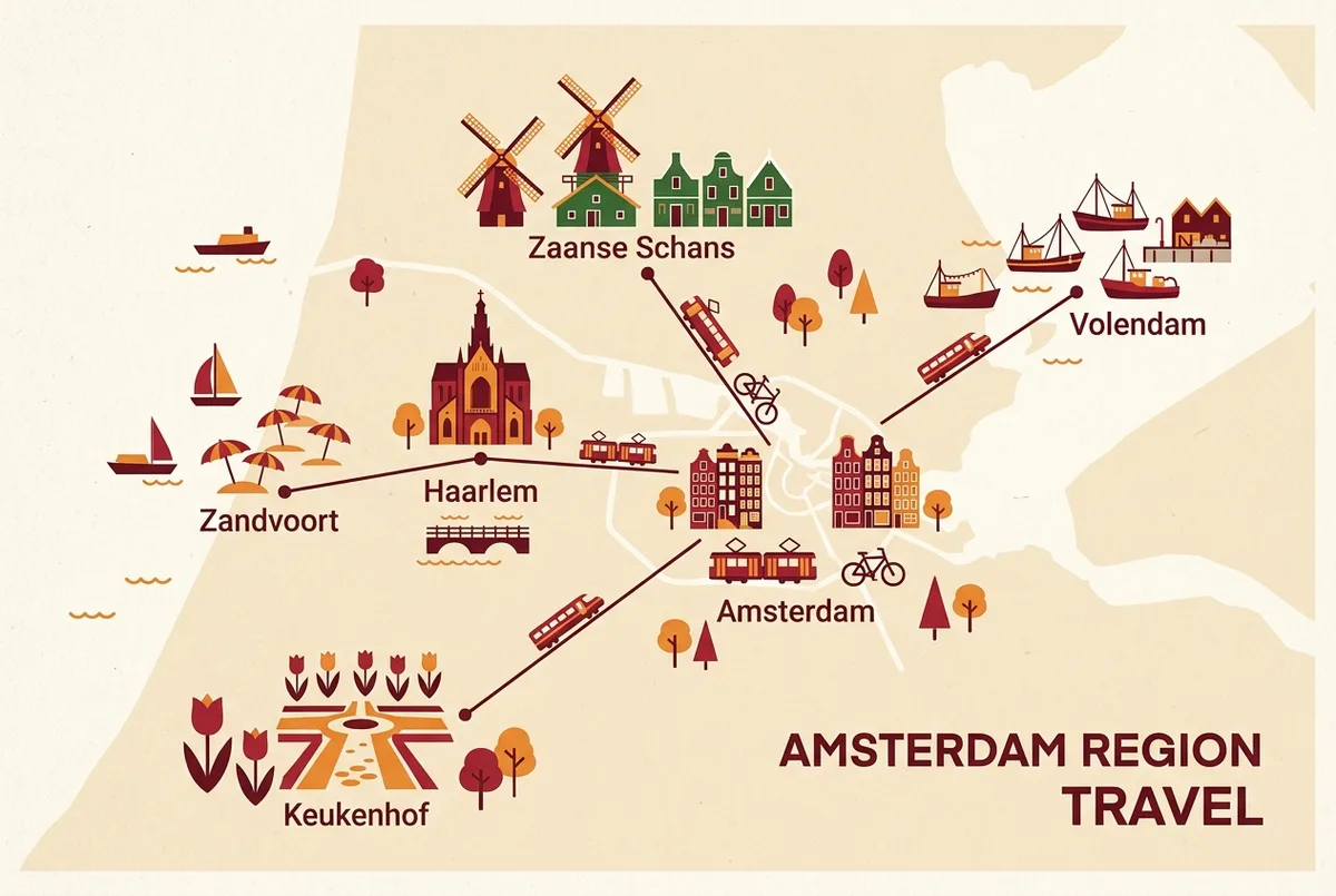 Simple map showing Amsterdam at the center with lines radiating to Zaanse Schans, Haarlem, Zandvoort, Volendam and Keukenhof, generic place labels only, amsterdam region travel ticket day trip map