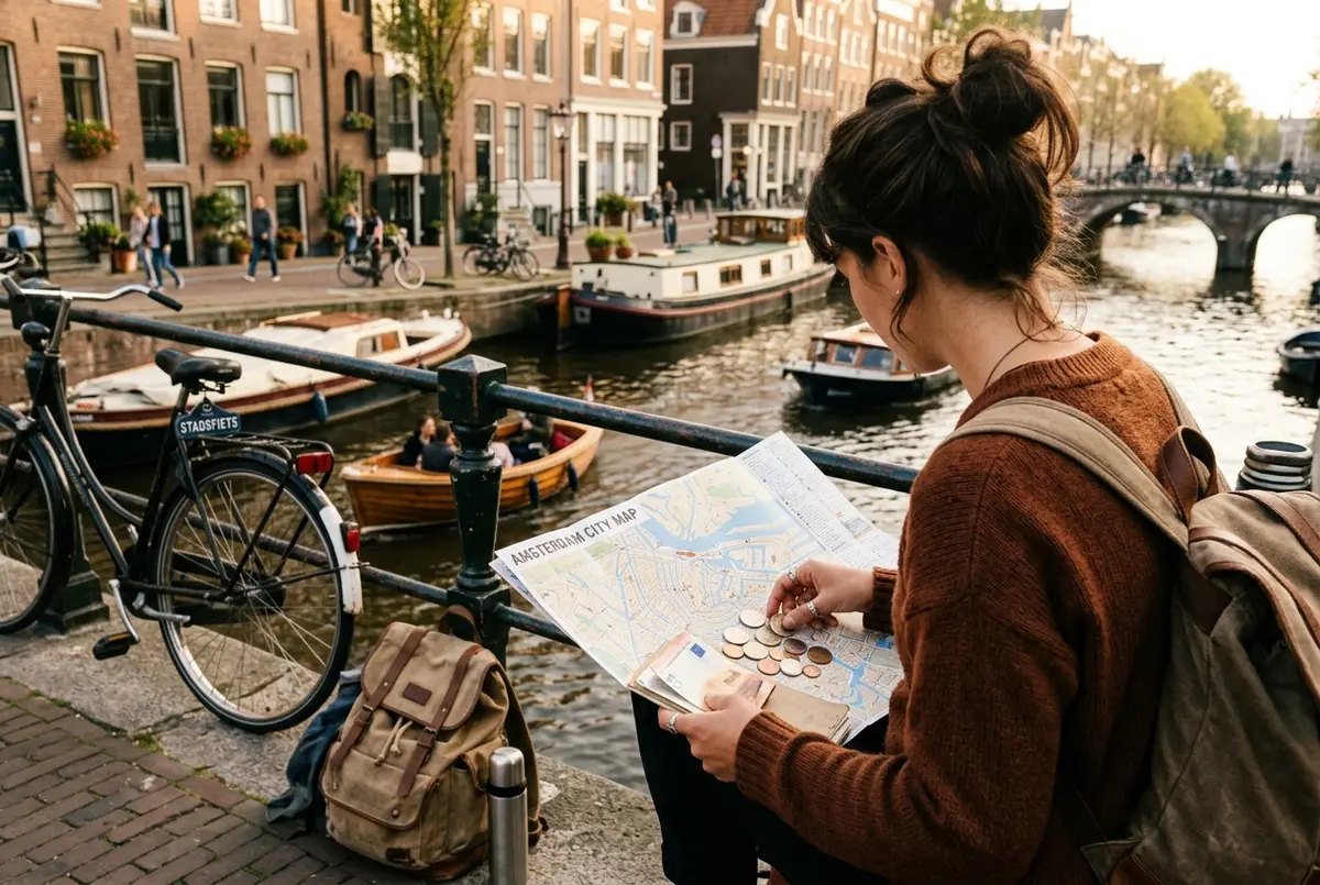 Traveler checking a paper map and counting euro coins beside an Amsterdam canal on a trip built around amsterdam on a budget planning