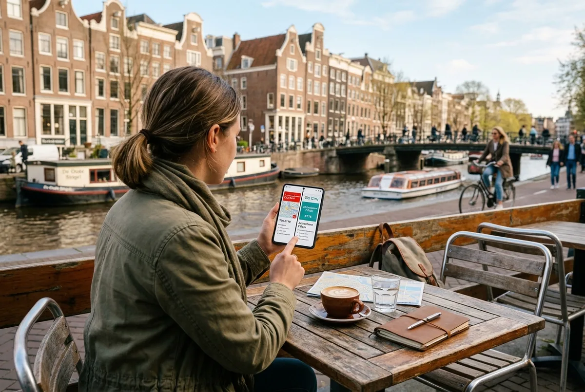 Traveler comparing amsterdam pass options on a phone at an Amsterdam canal side cafe table, City Card and Go City passes visible side by side