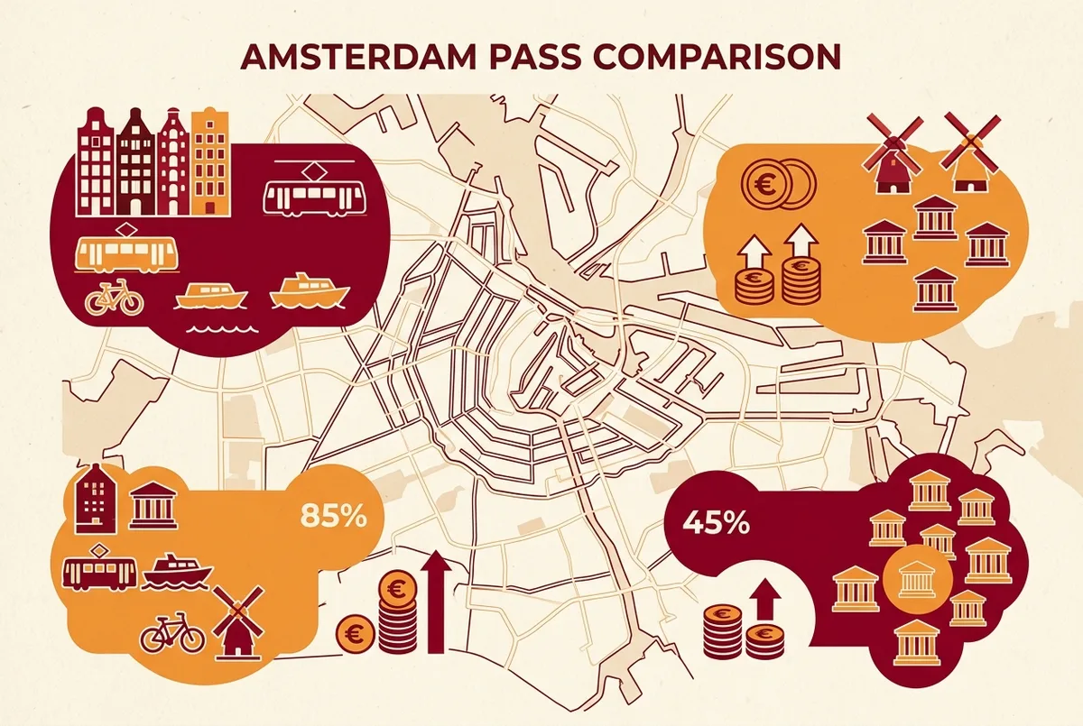 Infographic comparing amsterdam pass options, I amsterdam City Card, Go City, Holland Pass and Museumkaart, price and coverage icons over an Amsterdam map outline