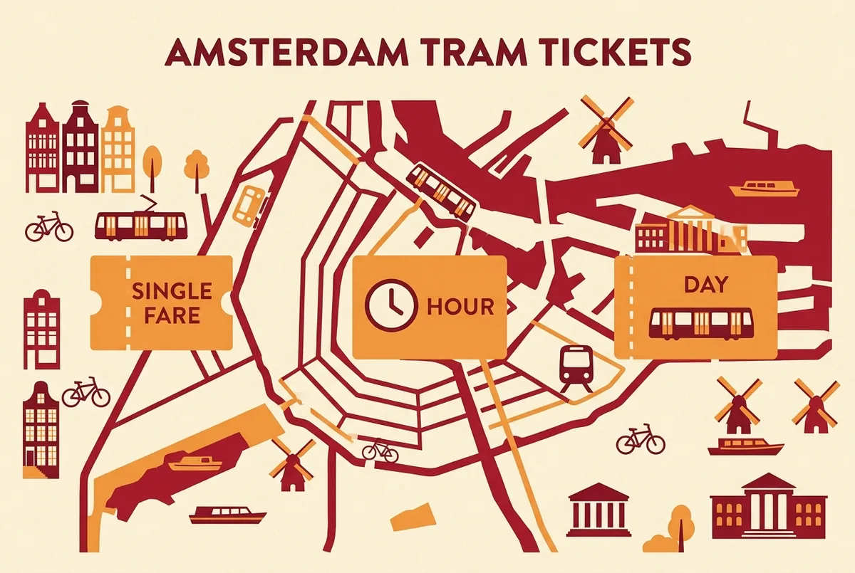 Simple infographic comparing single fare, hour ticket and day ticket for amsterdam tram tickets with tram and metro icons, no price numbers shown