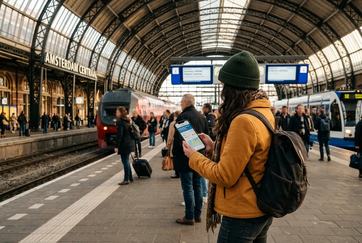 Traveler comparing amsterdam travel pass options on a phone with Amsterdam Centraal train platform in the background