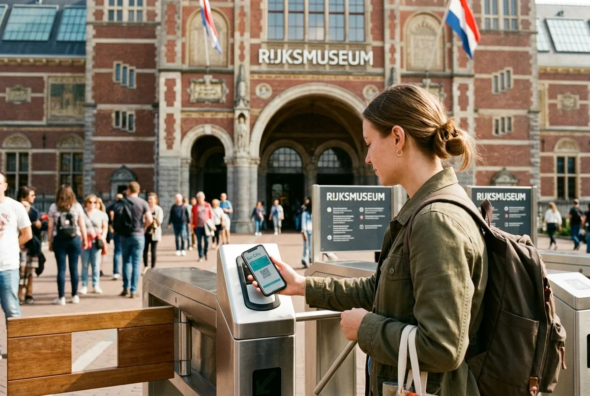 Turista che confronta i livelli del go city amsterdam pass sull'app dello smartphone davanti al Rijksmuseum