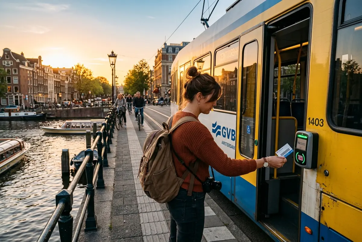 voyageuse validant son pass transport amsterdam sur un tram GVB bleu et blanc pres de la gare centrale a l heure doree