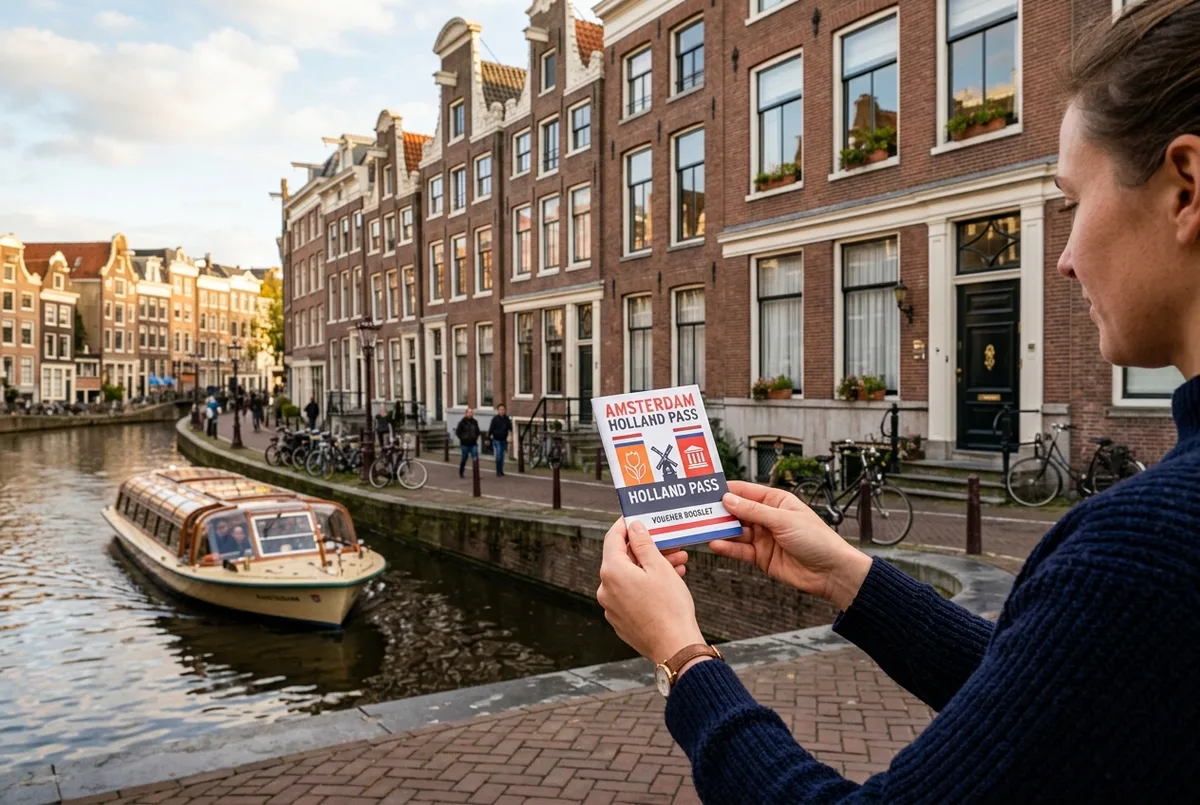 Traveler holding an amsterdam holland pass voucher booklet in front of a canal house facade in Amsterdam