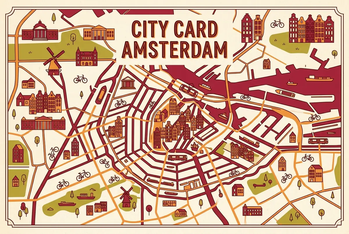 Infografik-artige Übersichtskarte der Amsterdamer Sehenswürdigkeiten, abgedeckt von der city card amsterdam