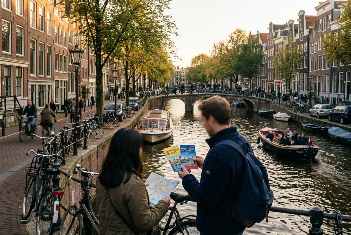 Reisender steht am Amsterdamer Grachtenring und überlegt, welche amsterdam city card dauer zur eigenen Reise passt