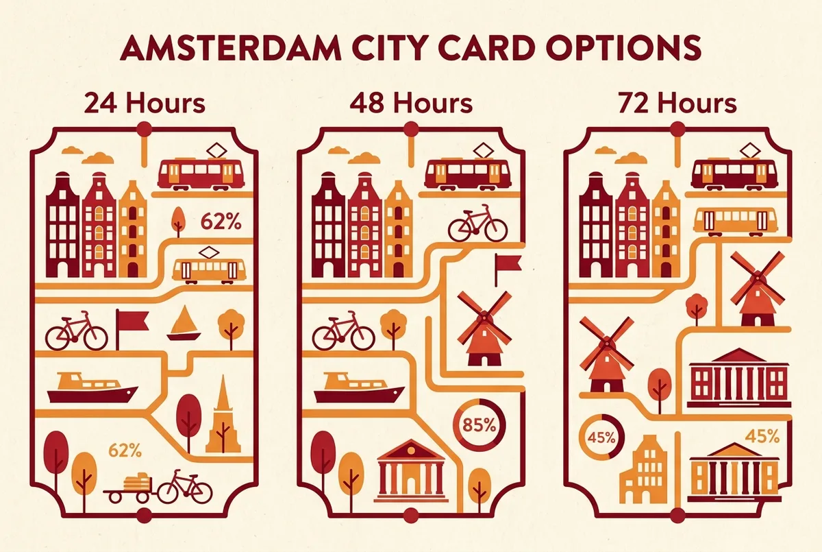 Infografik mit Entscheidungsbaum zur amsterdam city card dauer: 24, 48, 72, 96 oder 120 Stunden nach Reiselänge