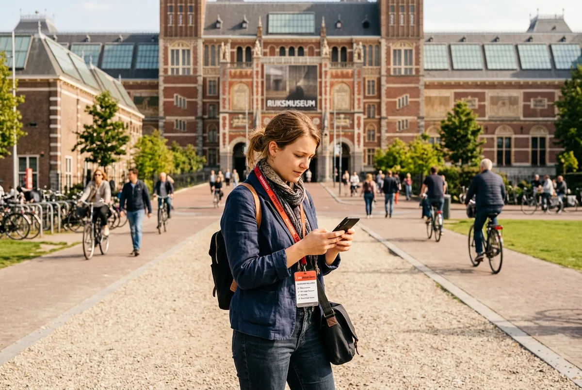 Visitatore che controlla la lista amsterdam city card cosa comprende sullo smartphone davanti al Rijksmuseum al Museumplein in una giornata di sole