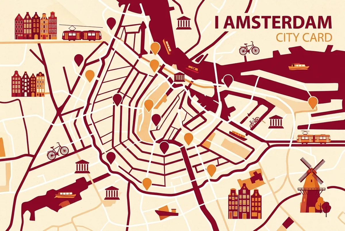 Infografica che confronta cosa comprende la amsterdam city card gratis, cosa e solo scontato e cosa non e incluso, icone generiche su una mappa stilizzata di Amsterdam