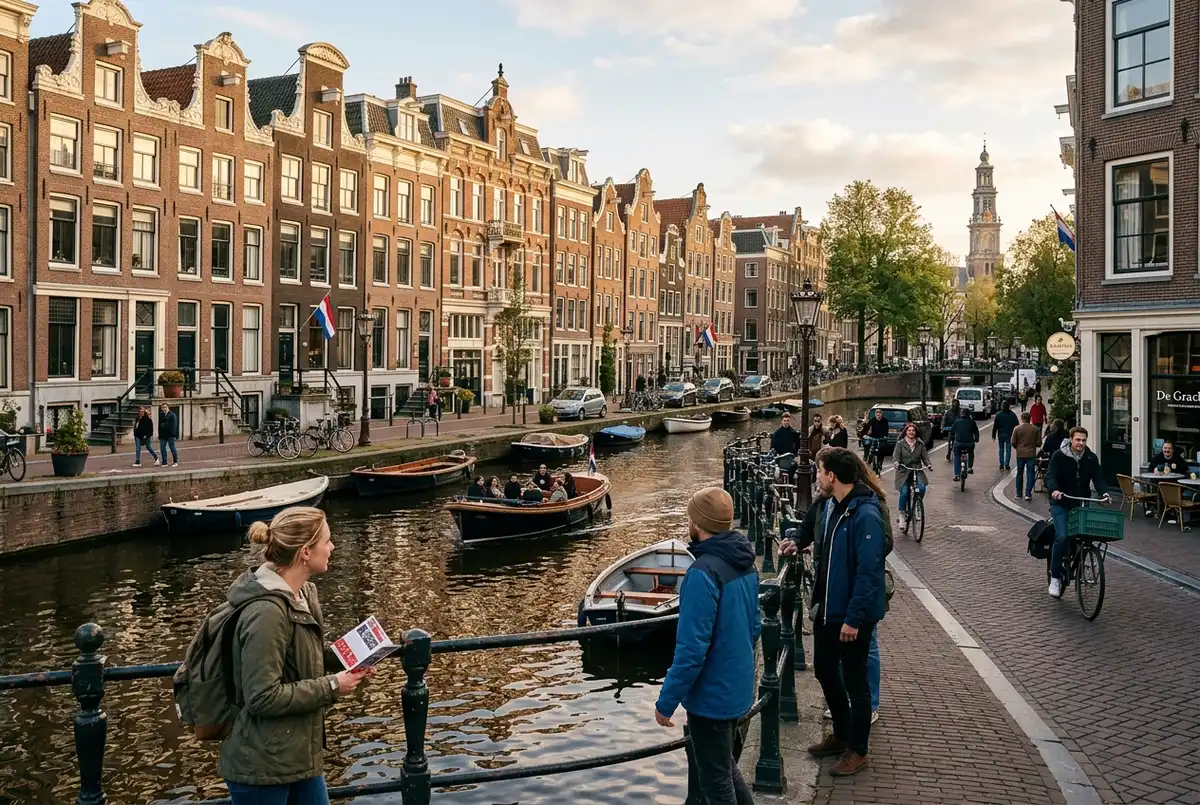 Coppia di viaggiatori che controlla lo smartphone davanti alle case dei canali di Amsterdam per capire se la amsterdam city card conviene