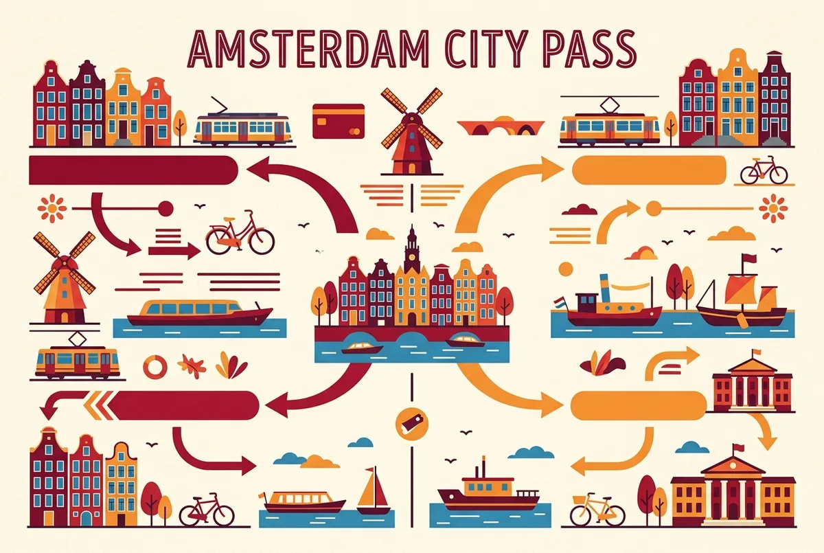 Infografica che confronta le opzioni di pass per Amsterdam per rispondere alla domanda se la amsterdam city card conviene, con etichette generiche e nessun prezzo reale
