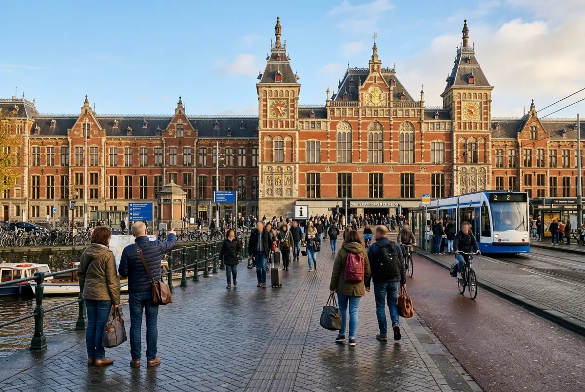 voyageuse achetant son amsterdam city card en ligne sur son telephone dans le hall de l aeroport de Schiphol