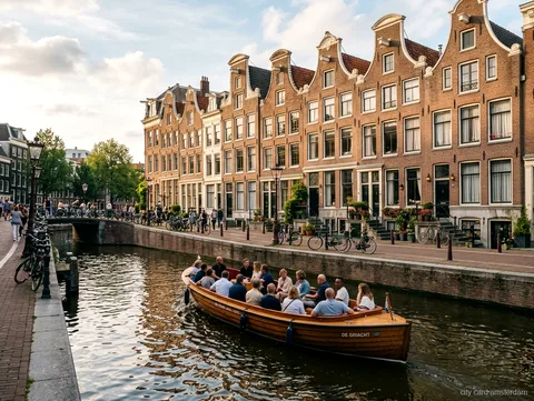 Amsterdam Grachtenfahrt ab dem Anne-Frank-Haus: open canal tour boat gliding past gabled canal houses