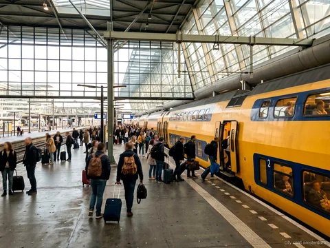 Amsterdam Region Ticket (Excursions, 1 a 3 Jours) : train moderne a deux etages sur un quai d'aeroport