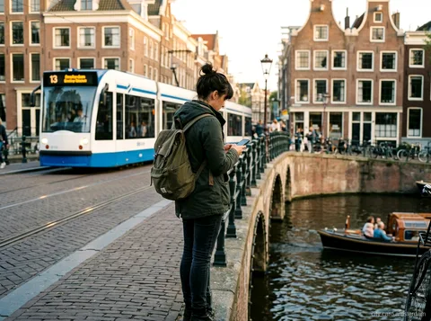 Go City Amsterdam All Inclusive Pass : voyageur consultant son telephone au bord d'un canal avec des trams